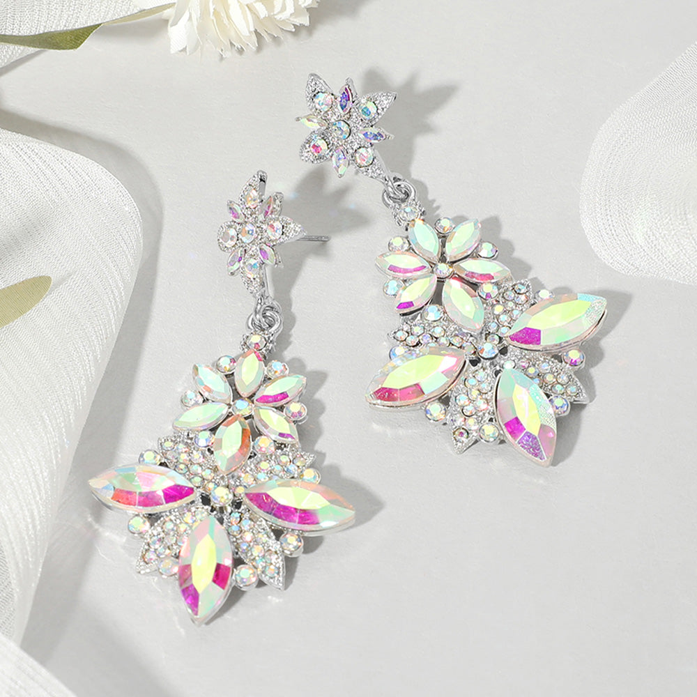 AB floral rhinestone drop earrings with silver-tone finish for pageants or prom on a white background