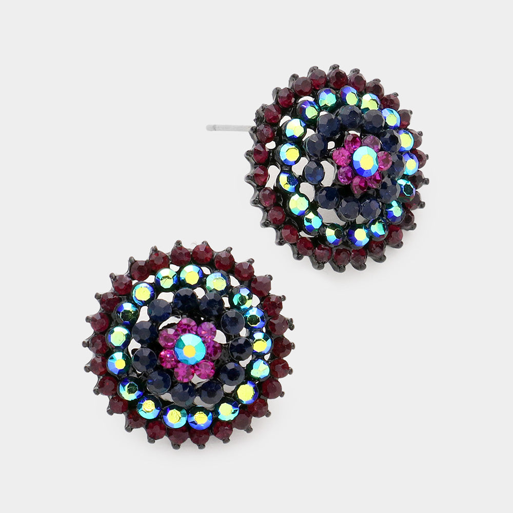 Round Black/Multi-color Rhinestone Stud Earrings | Interview Earrings |  283373