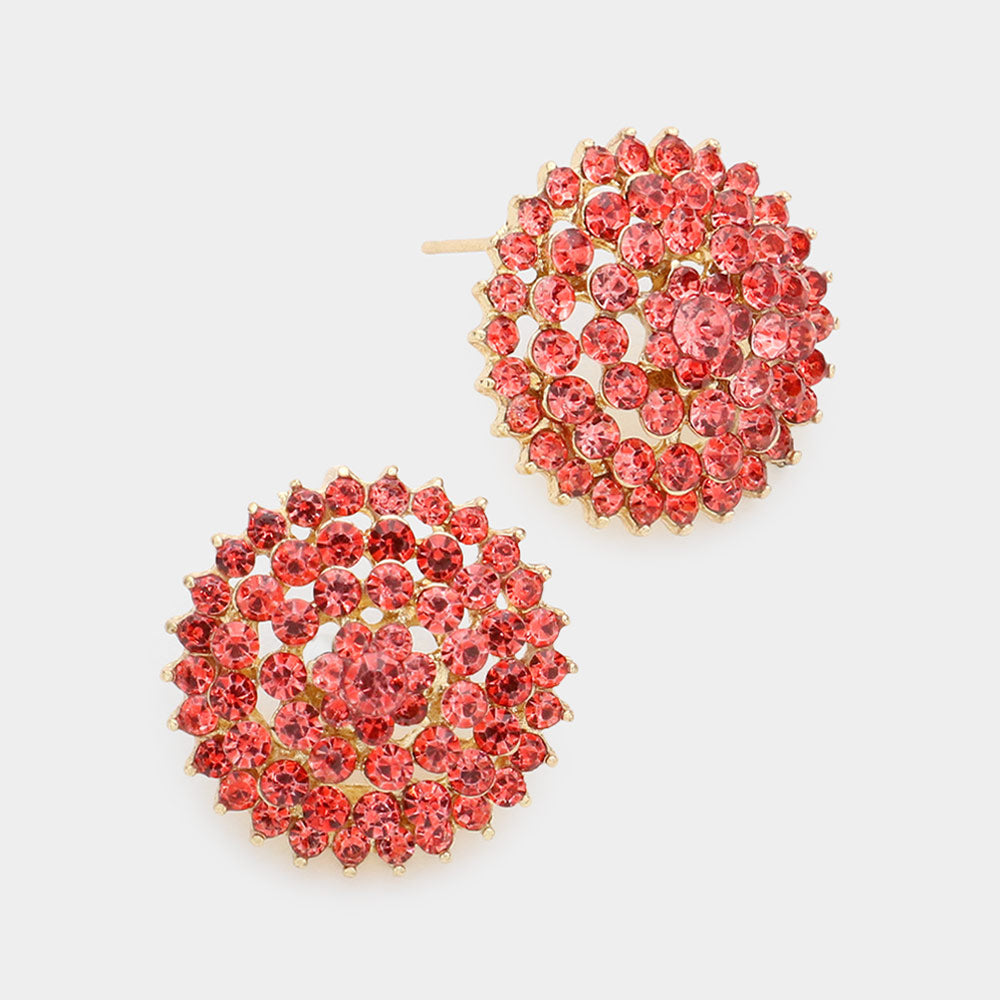 Round Coral Rhinestone Stud Earrings | Interview Earrings