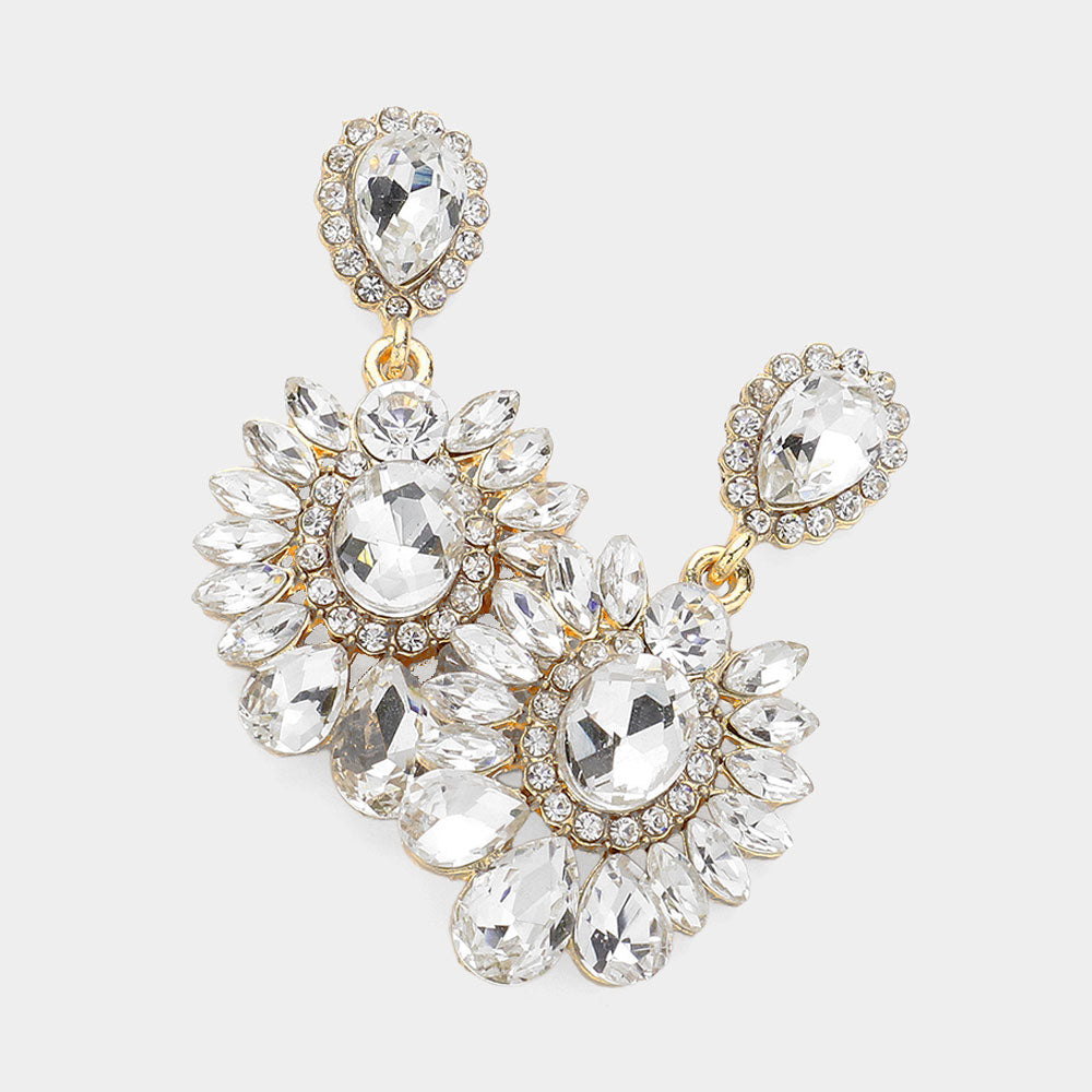 Clear Teardrop and Round Stone Embellished Dangle Pageant Earrings on Gold | Prom Earrings