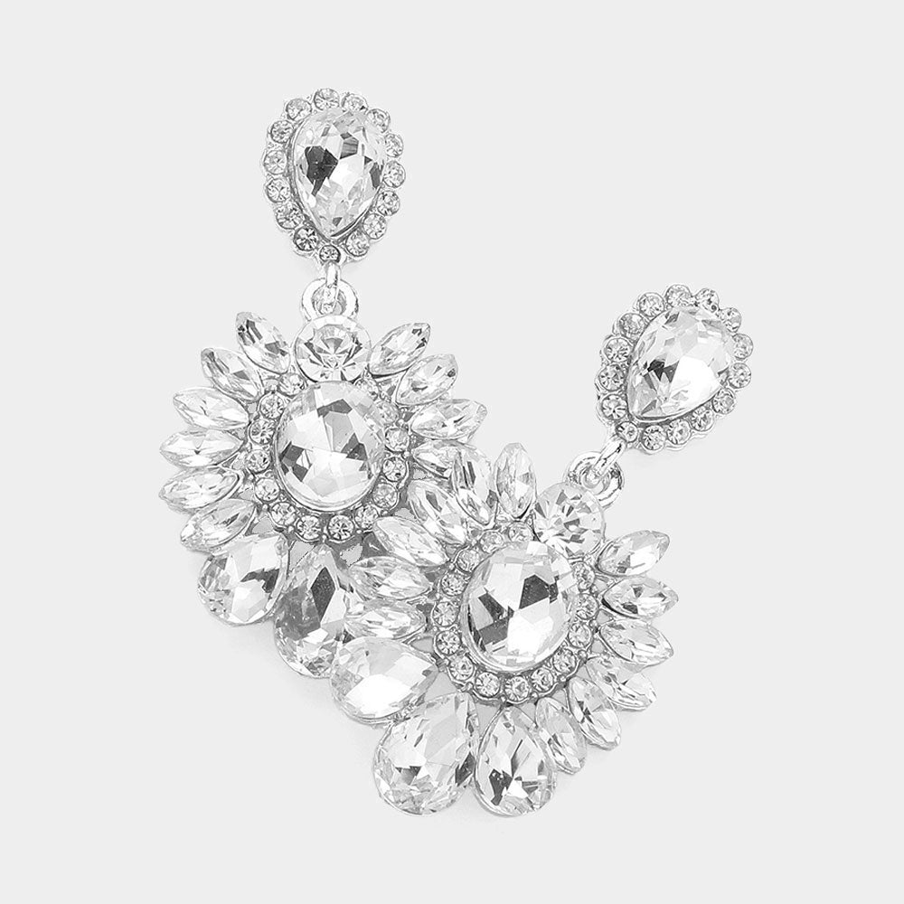 Clear Teardrop and Round Stone Embellished Dangle Pageant Earrings | Prom Earrings