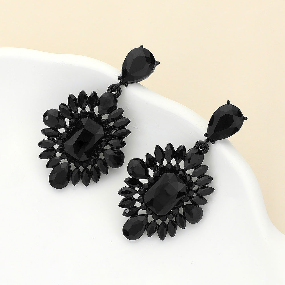 Black Marquise Teardrop and Rectangle Center Pageant Earrings  | Black Prom Earrings