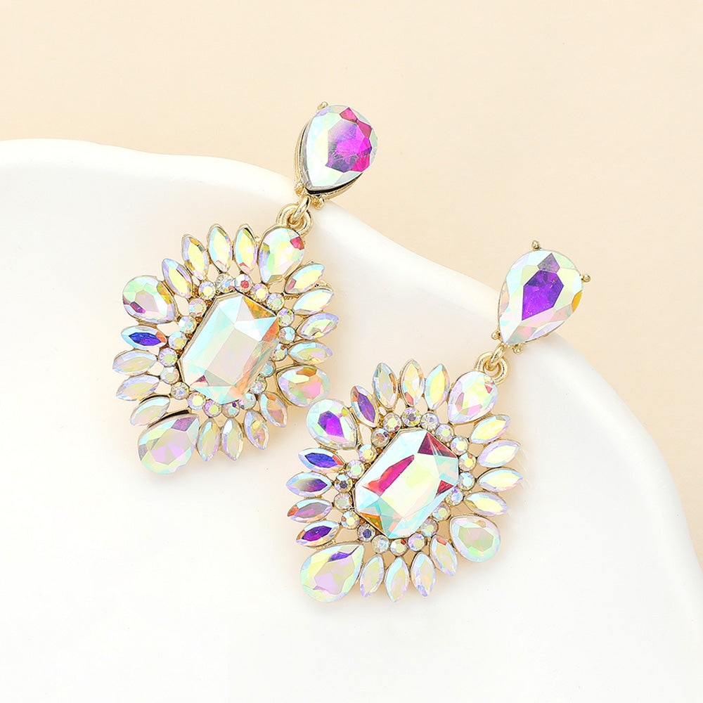 AB Marquise Teardrop and Rectangle Center Pageant Earrings on Gold  | AB Prom Earrings