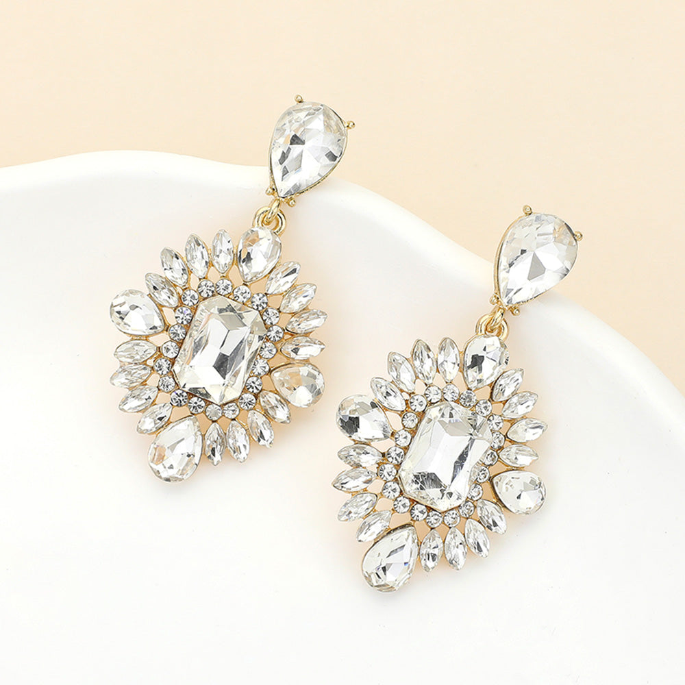 Clear Marquise Teardrop and Rectangle Center Pageant Earrings on Gold  | Clear Prom Earrings