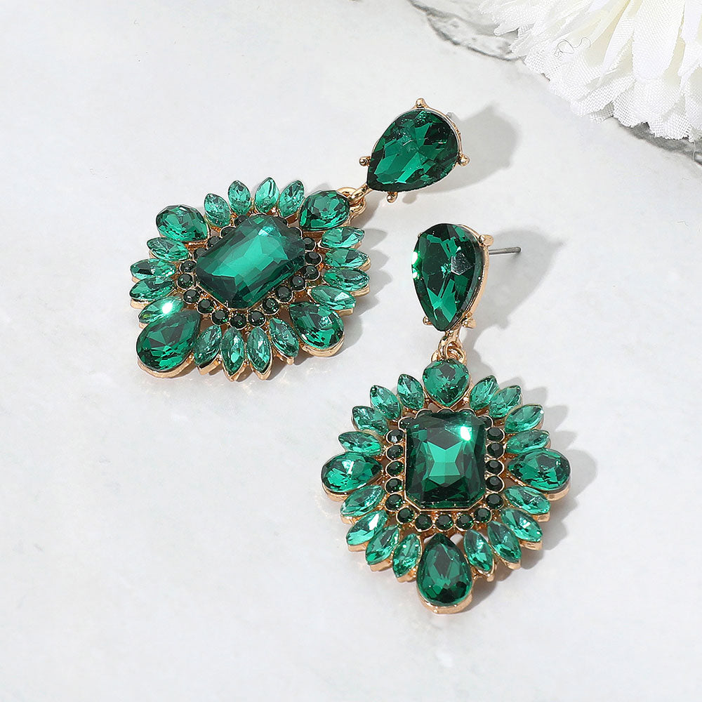 Emeald Marquise Teardrop and Rectangle Center Pageant Earrings | Green Prom Earrings