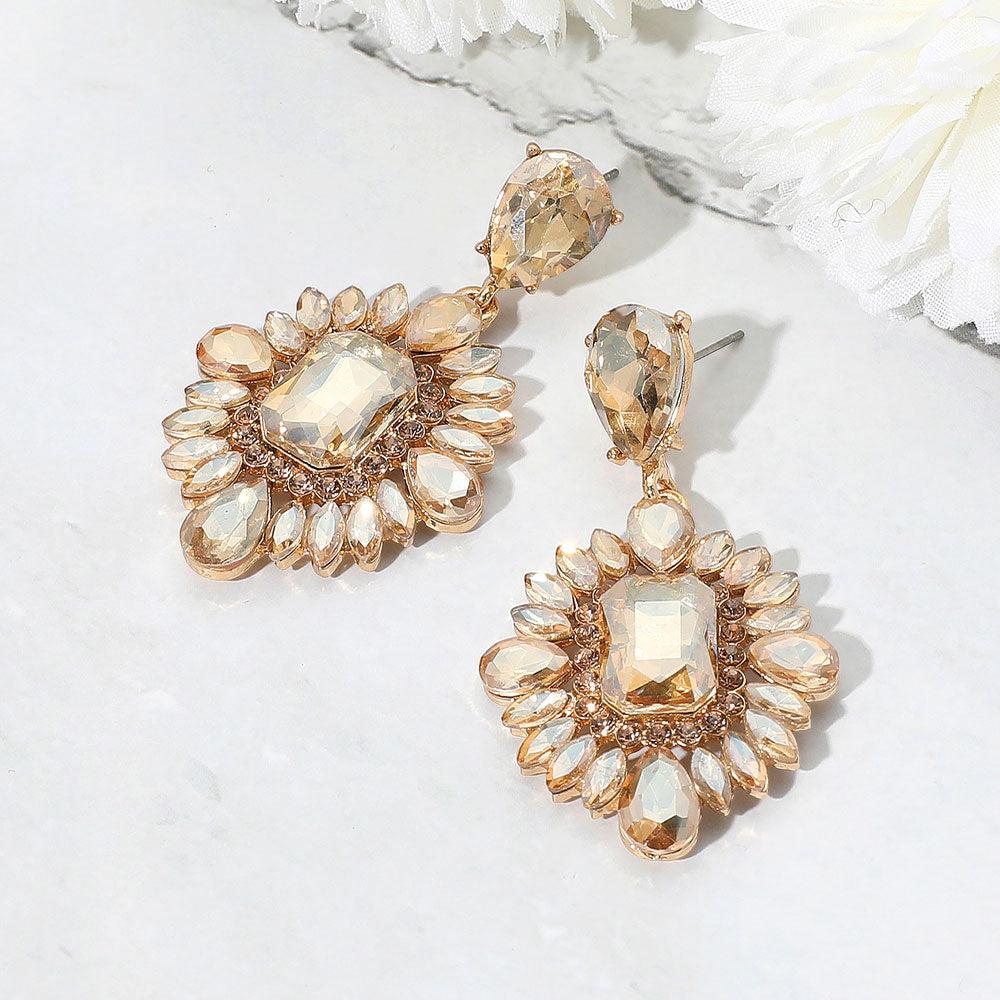 Light Topaz Marquise Teardrop and Rectangle Center Pageant Earrings | Gold Prom Earrings