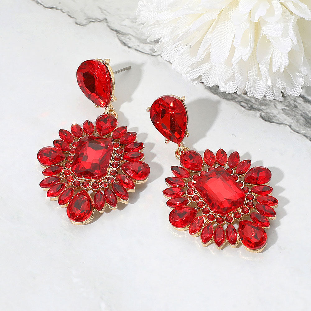 Red Marquise Teardrop and Rectangle Center Pageant Earrings | Red Prom Earrings