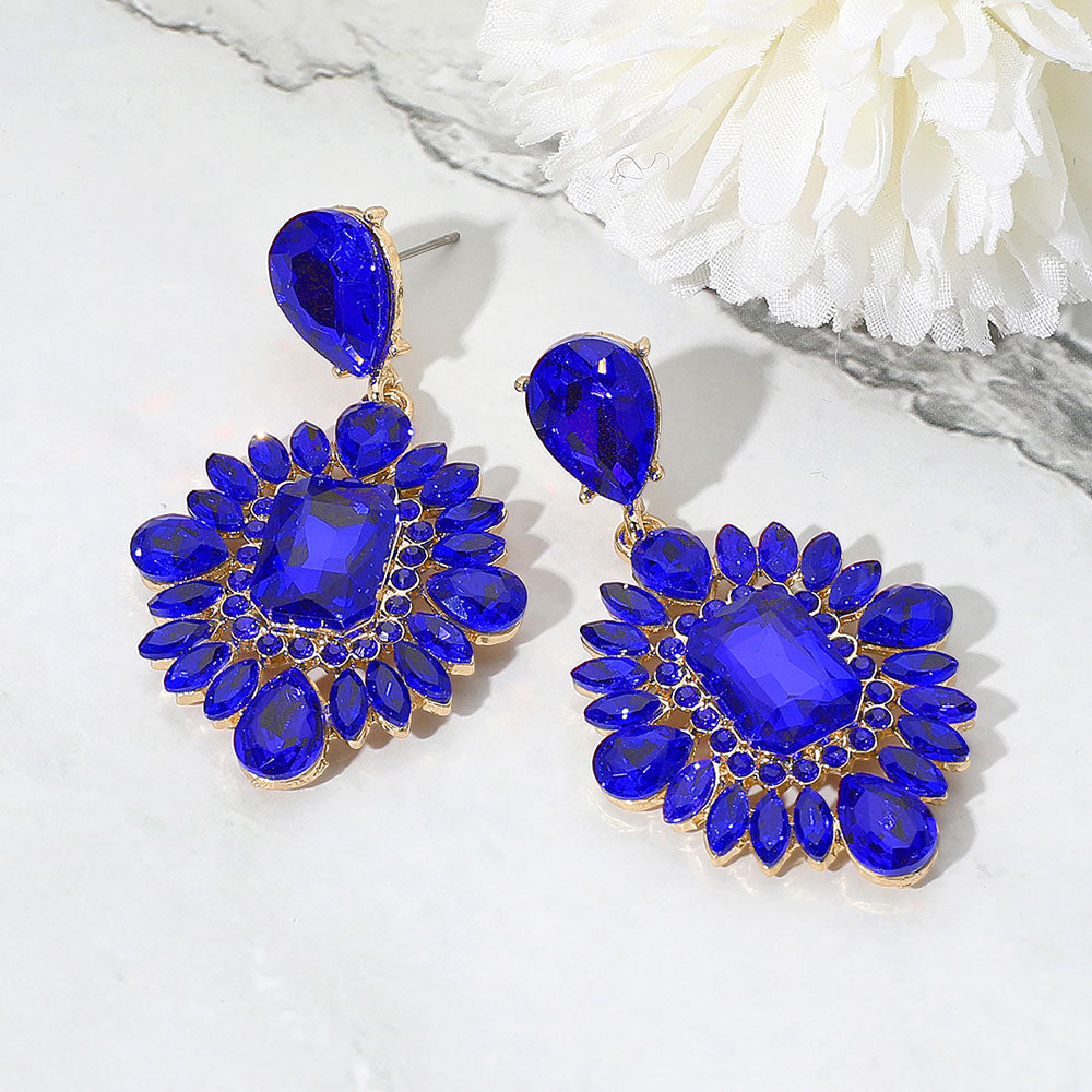 Sapphire Marquise Teardrop and Rectangle Center Pageant Earrings | Blue Prom Earrings