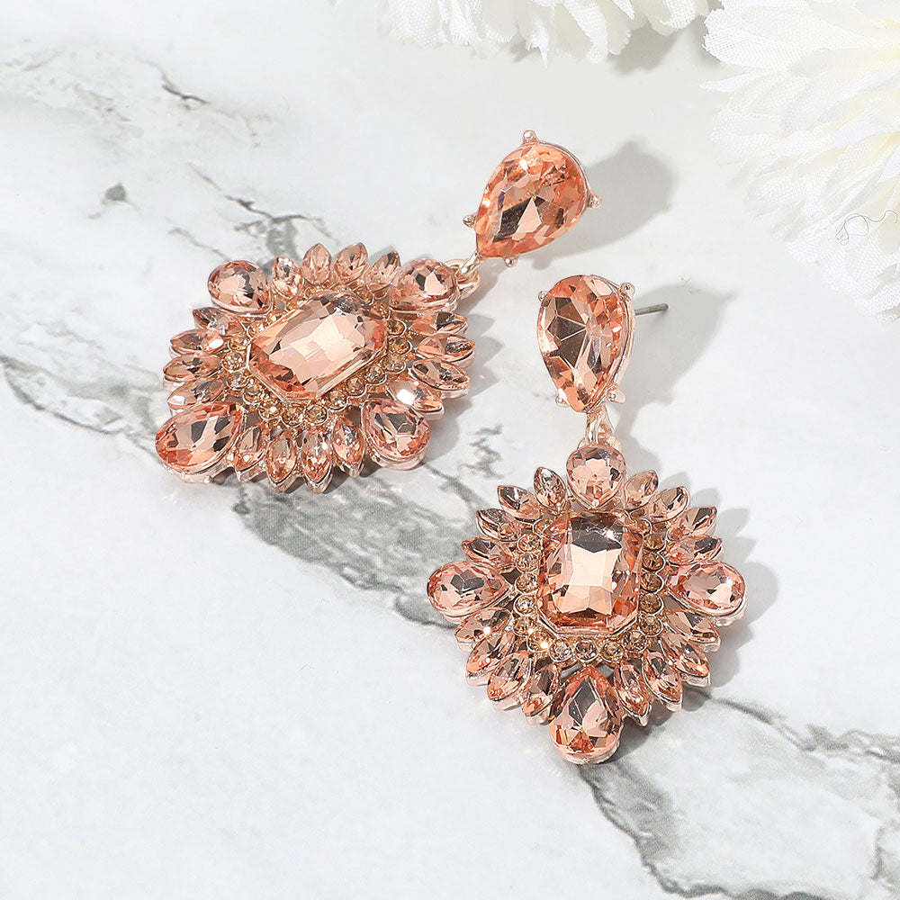 Peach Marquise Teardrop and Rectangle Center Pageant Earrings on Rose Gold | Peach Prom Earrings