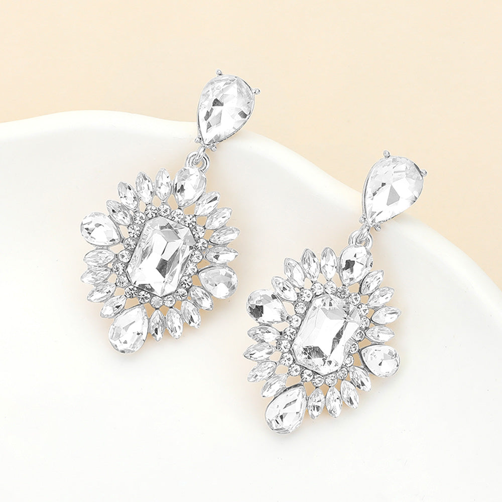 Clear Marquise Teardrop and Rectangle Center Pageant Earrings   | Clear Prom Earrings