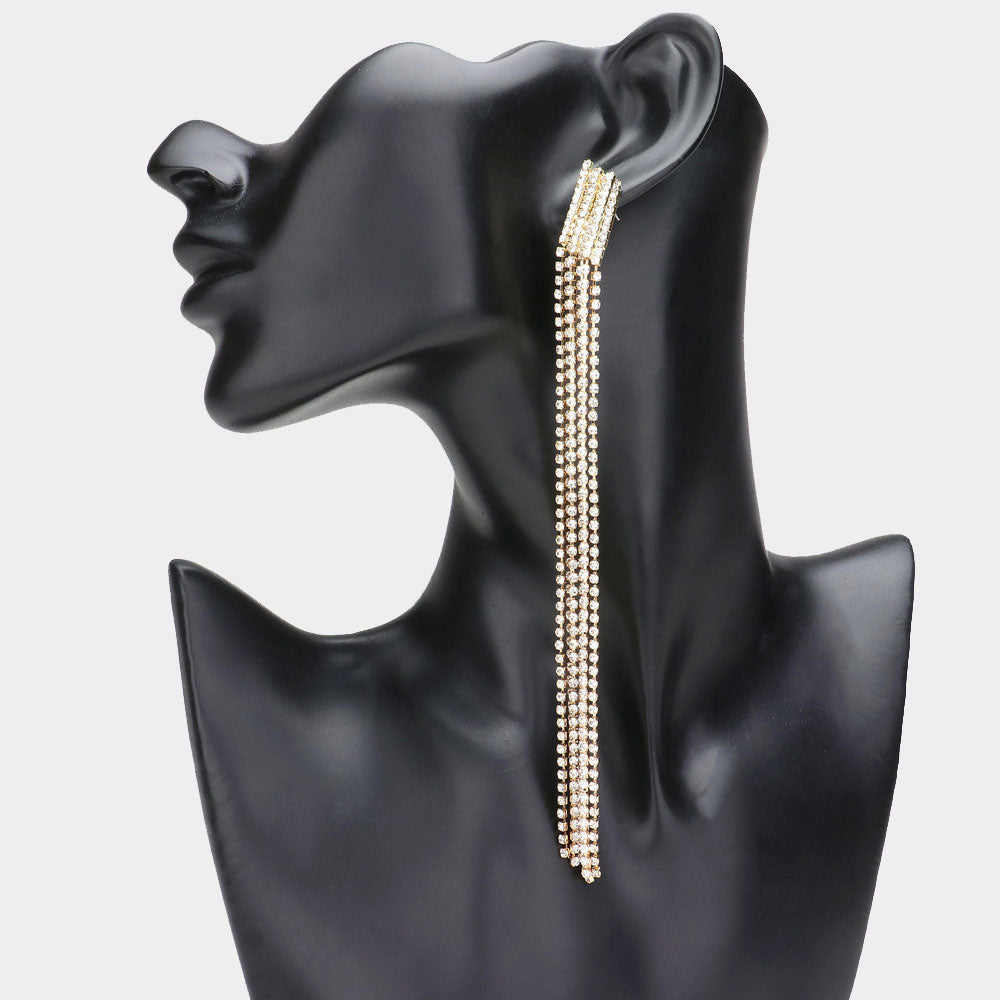 Very Long Clear Rhinestone Fringe Pageant Earrings on Gold | Very Long Earrings