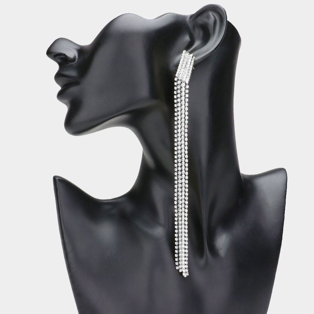 Very Long Clear Rhinestone Fringe Pageant Earrings | Very Long Earrings