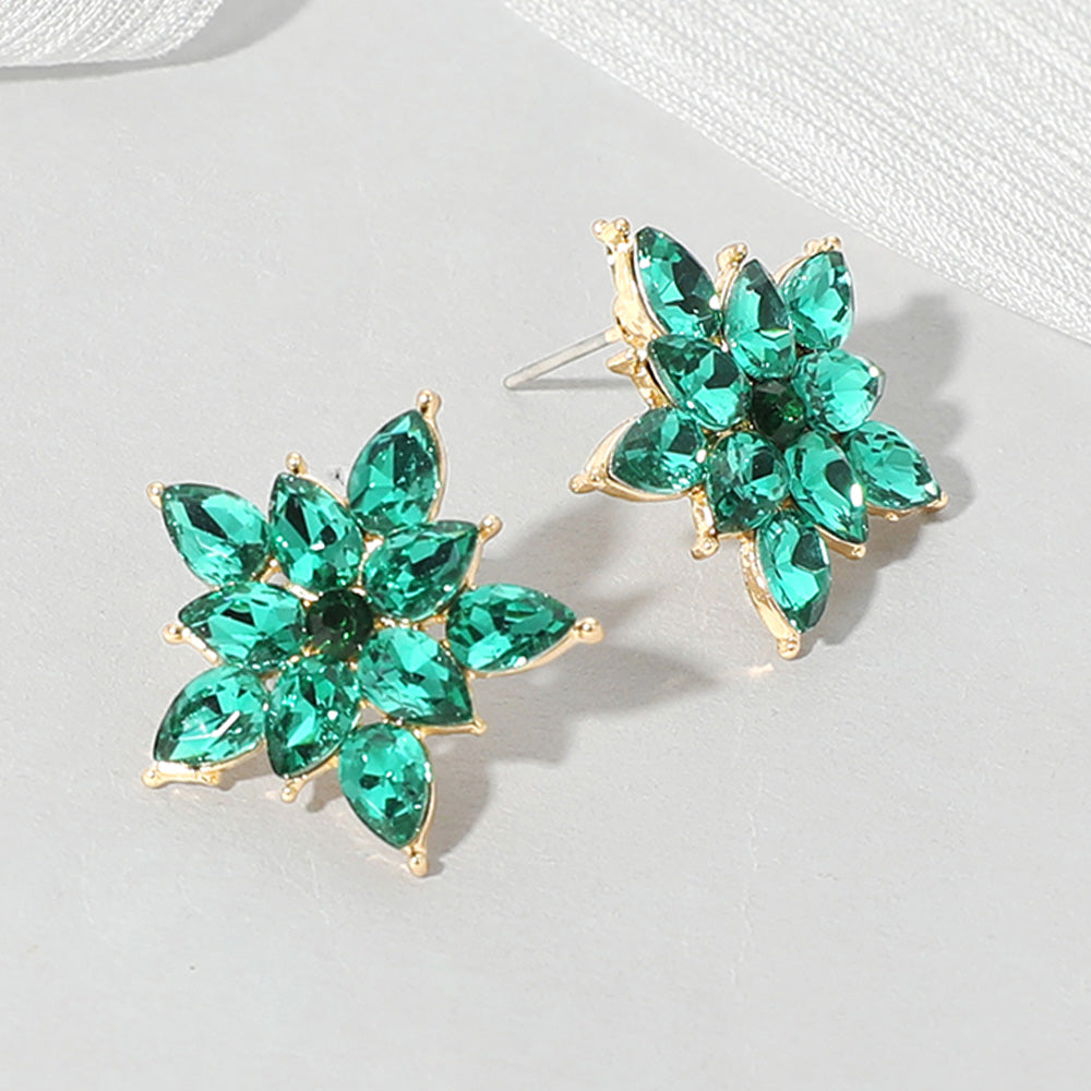 Emerald Cluster Stone Flower Stud Pageant Earrings  | Emerald Interview Stud Earrings