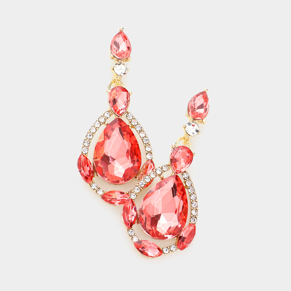 Coral Crystal and Rhinestone Teardrop Pageant Earrings | Prom Earrings
