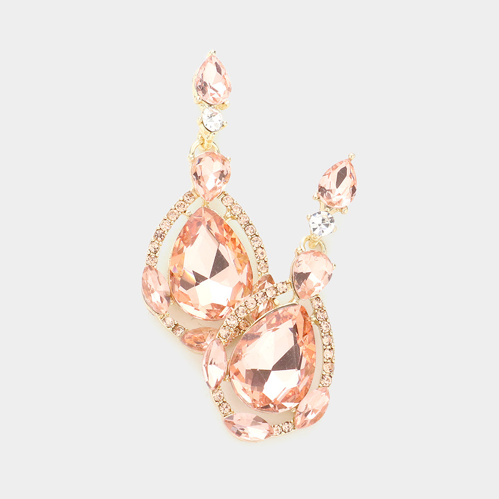 Peach Crystal and Rhinestone Teardrop Pageant Earrings | Prom Earrings