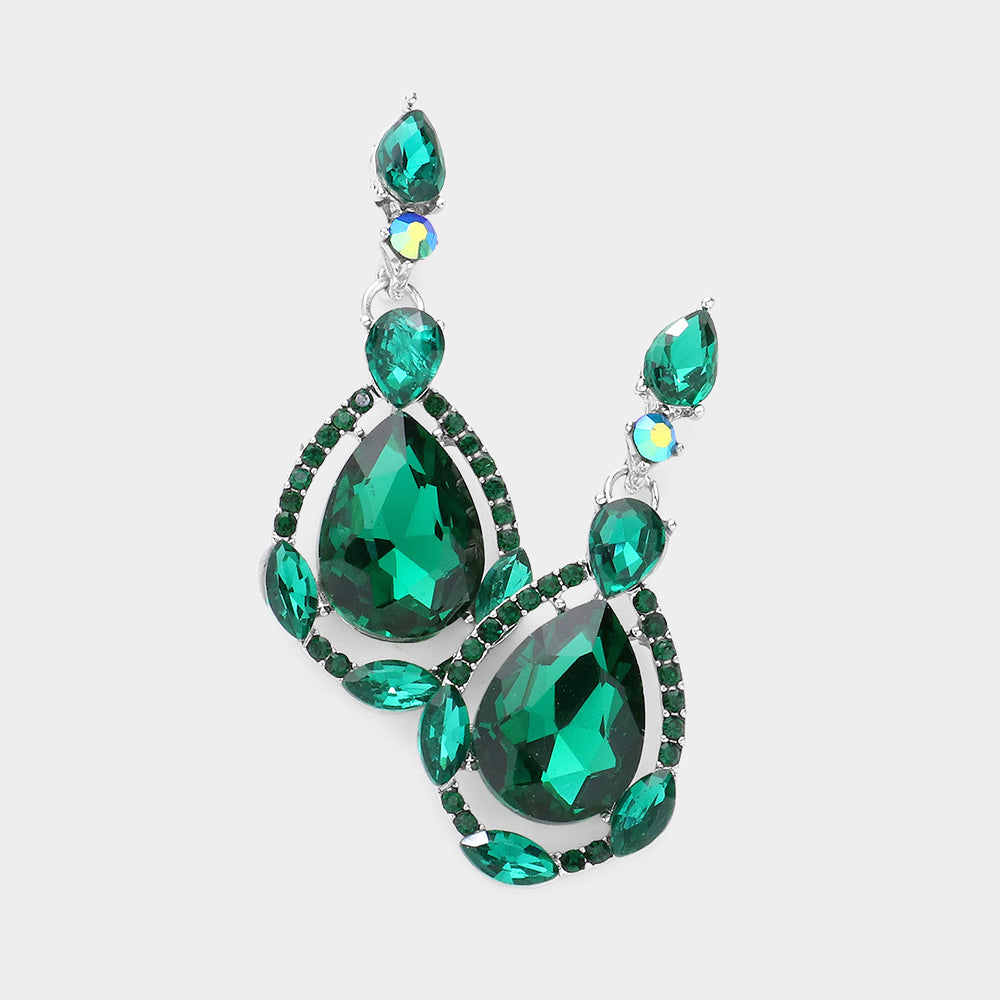 Emerald Crystal and Rhinestone Teardrop Pageant Earrings | Prom Earrings