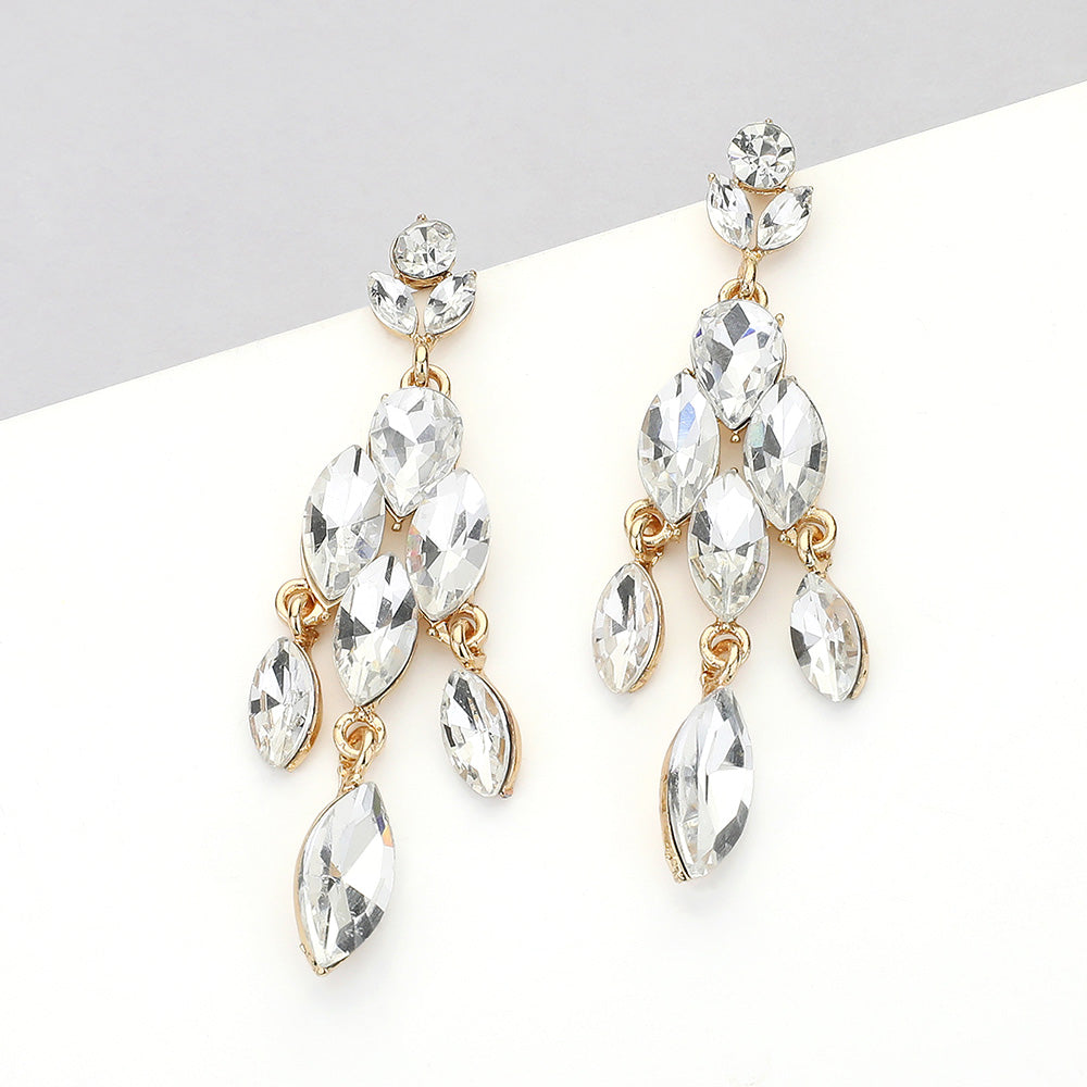Clear Marquise Stone Cluster Chandelier Pageant Earrings on Gold | Clear on Gold Dangle Earrings