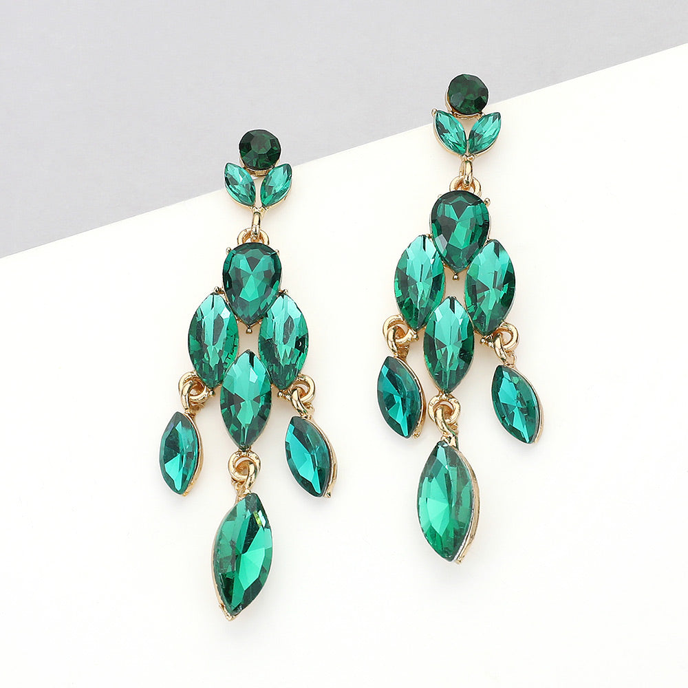 Emerald Marquise Stone Cluster Chandelier Pageant Earrings | Green Dangle Earrings