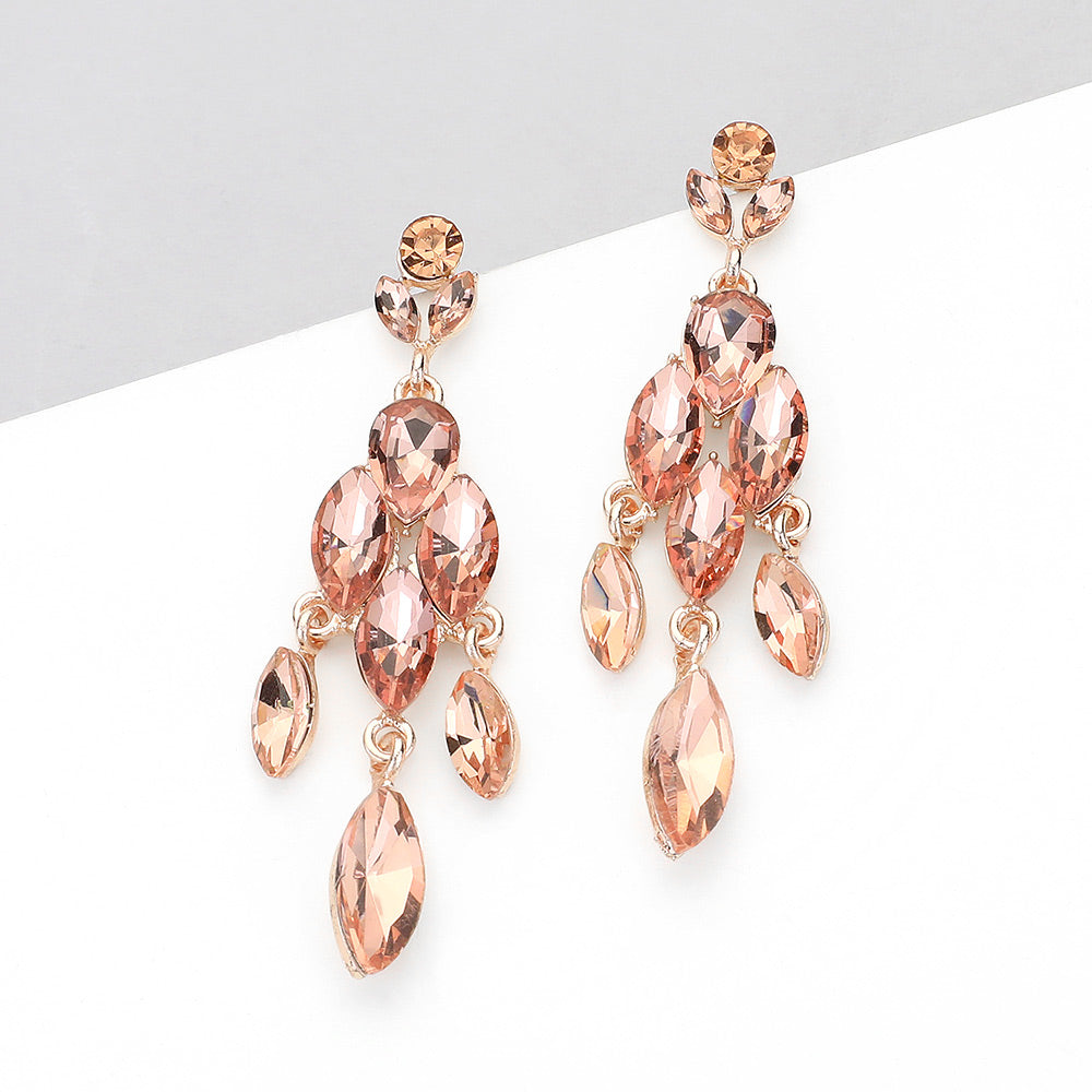 Peach Marquise Stone Cluster Chandelier Pageant Earrings on Rose Gold | Peach on Rose Gold Dangle Earrings