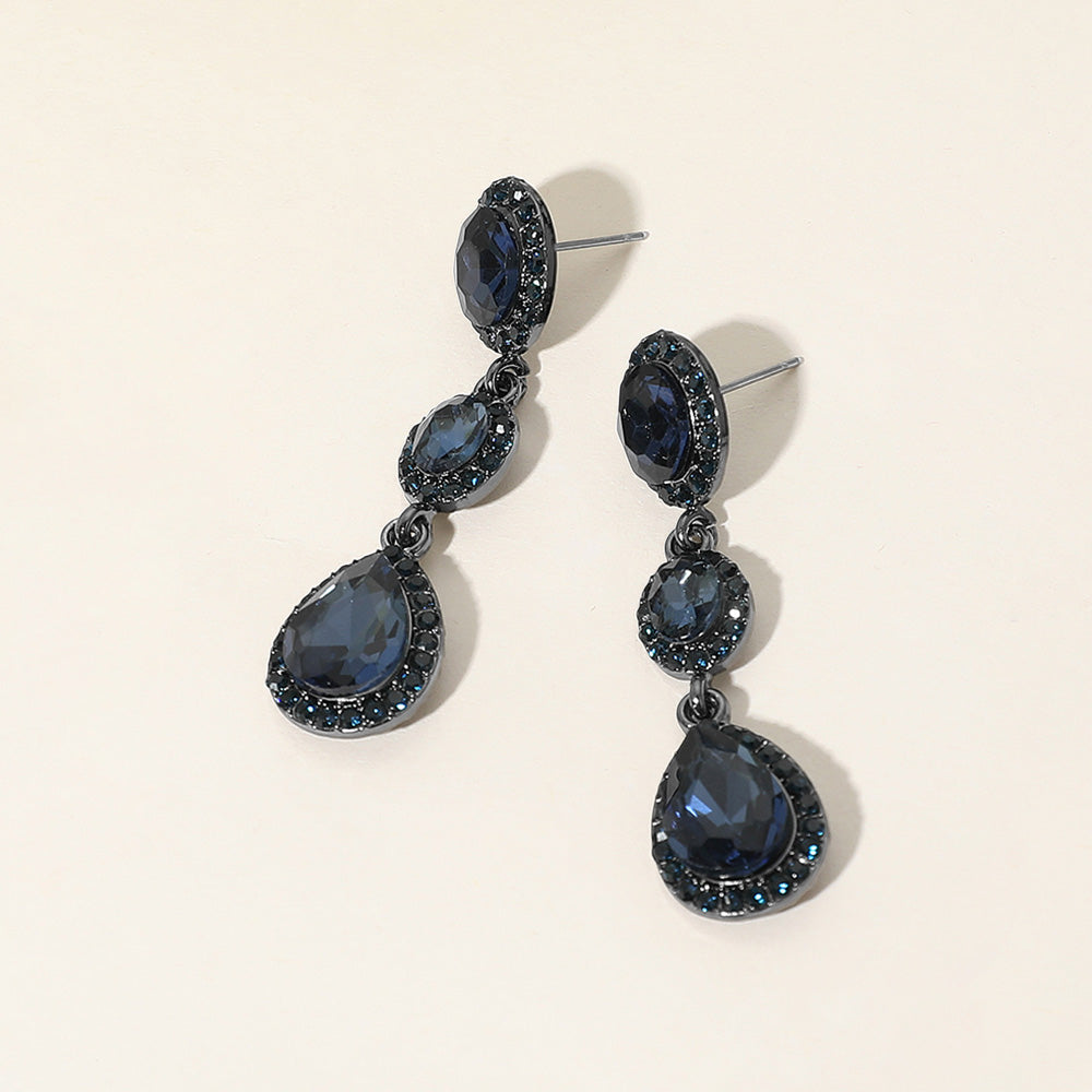 Navy Oval Teardrop Stone Dangle Pageant Earrings | Dangle Prom Earrings