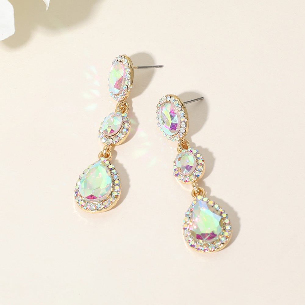 AB Oval Teardrop Stone Dangle Pageant Earrings on Gold | Dangle Prom Earrings