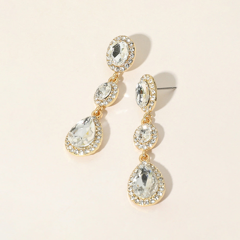 Clear Oval Teardrop Stone Dangle Pageant Earrings on Gold | Dangle Prom Earrings