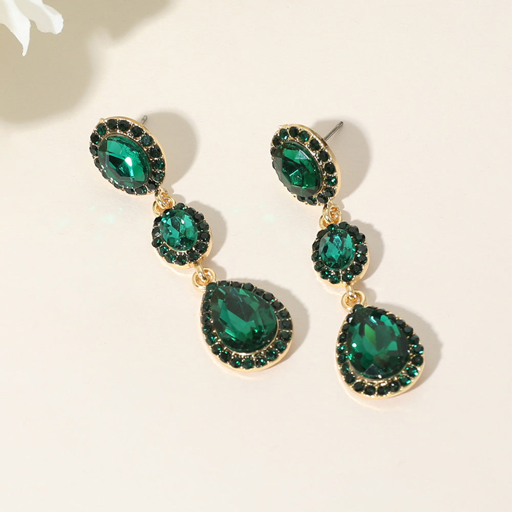 Emerald Oval Teardrop Stone Dangle Pageant Earrings  | Dangle Prom Earrings
