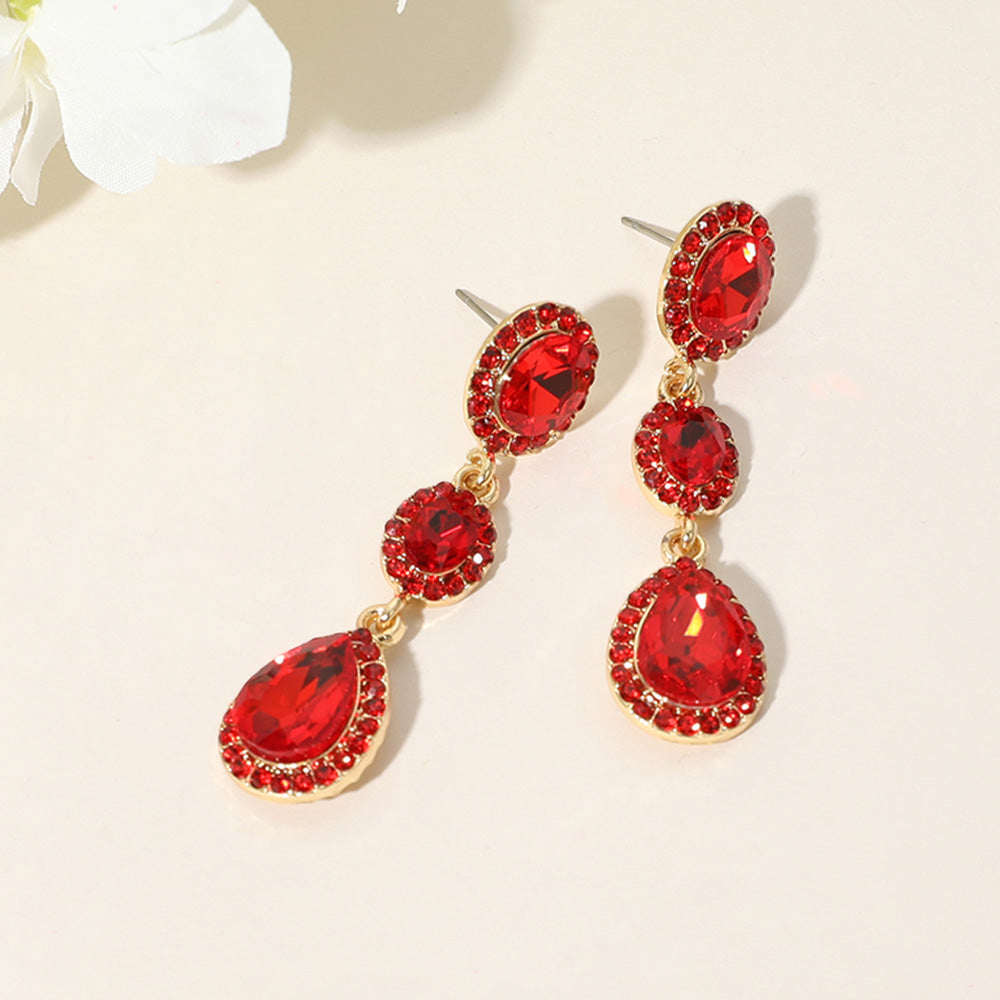 Red Oval Teardrop Stone Dangle Pageant Earrings  | Dangle Prom Earrings