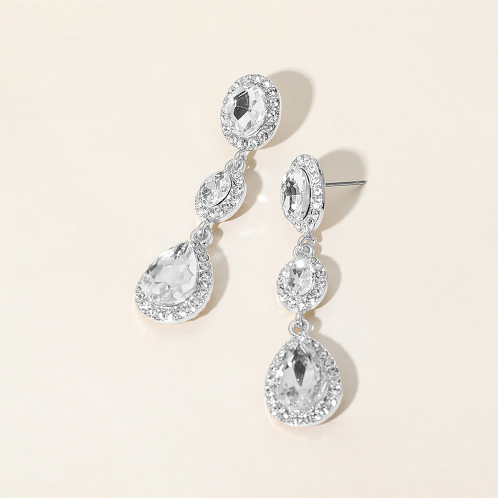 Clear Oval Teardrop Stone Dangle Pageant Earrings  | Dangle Prom Earrings