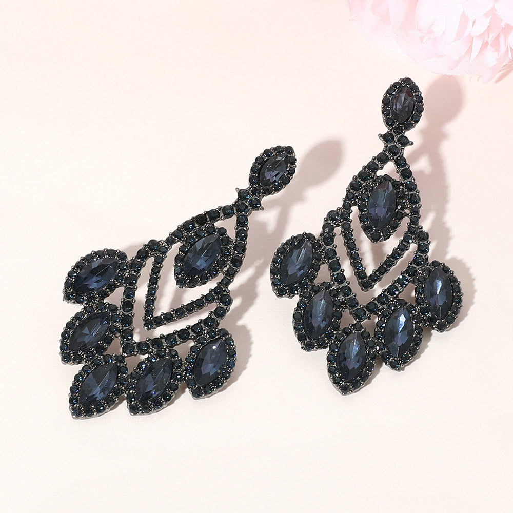 Navy Marquise and Round Stone Chandelier Pageant Earrings | Navy Prom Earrings