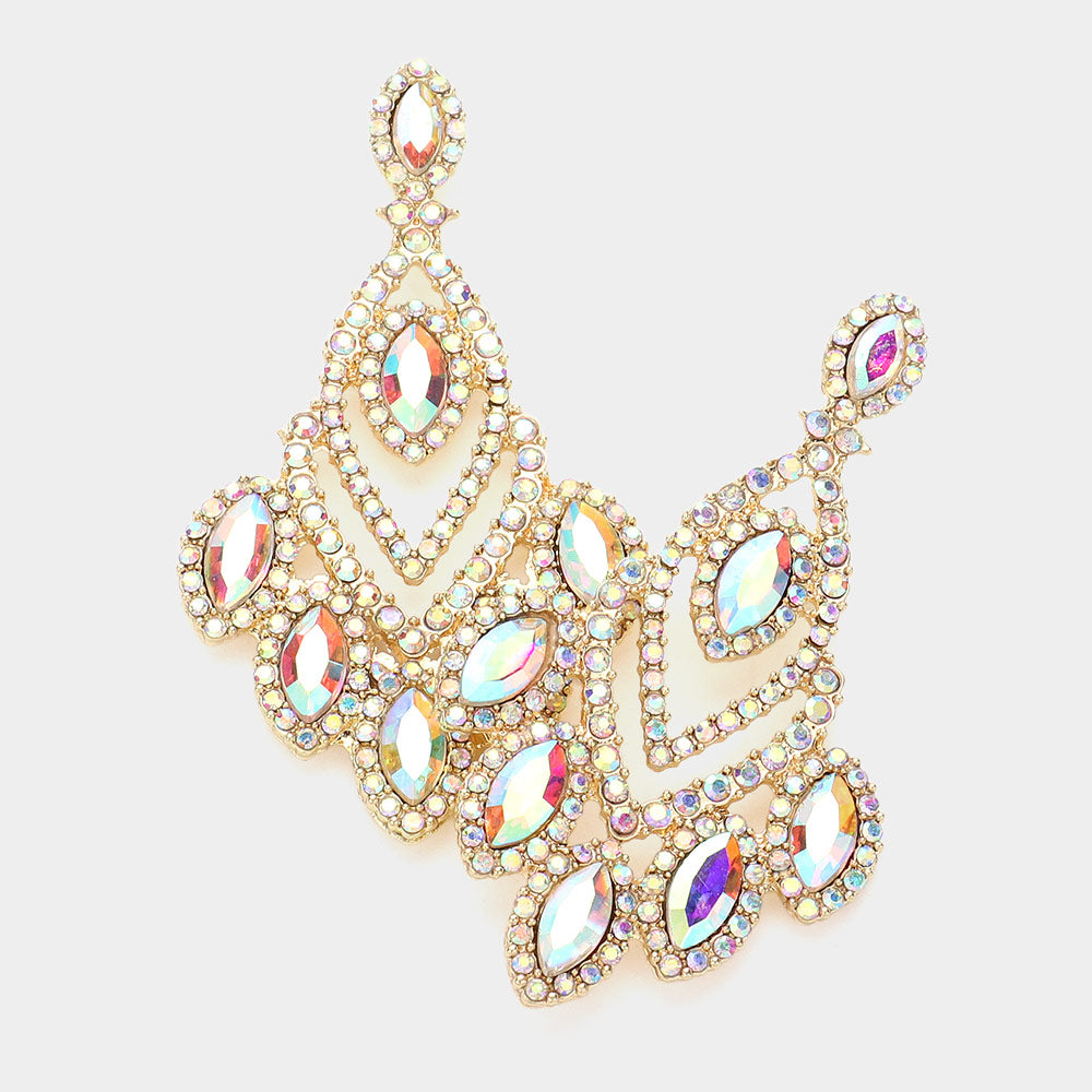 AB Marquise and Round Stone Chandelier Pageant Earrings on Gold| AB on Gold Prom Earrings