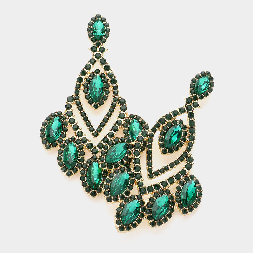 Emerald Marquise and Round Stone Chandelier Pageant Earrings | Emerald Prom Earrings