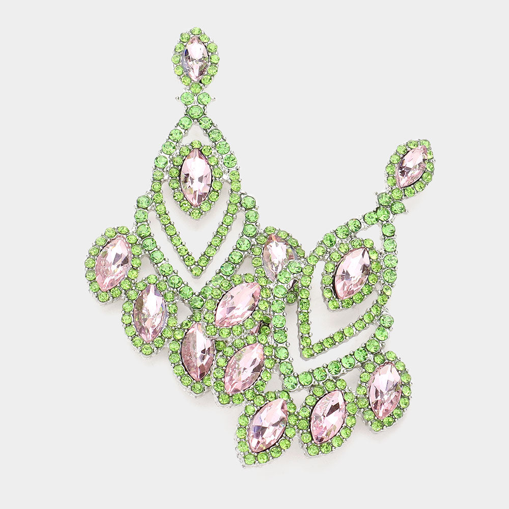 Pink & Green Marquise and Round Stone Chandelier Pageant Earrings| Pink & Green Prom Earrings