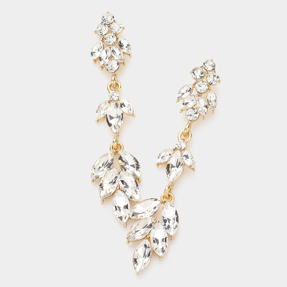 Clear Stone Cluster Link Slim Drop Pageant Earrings on Gold  | Prom Earrings