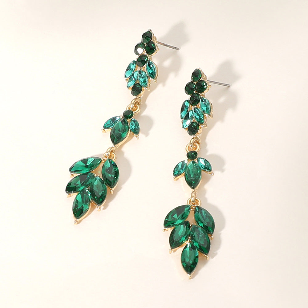 Emerald Stone Cluster Link Slim Drop Pageant Earrings  | Prom Earrings