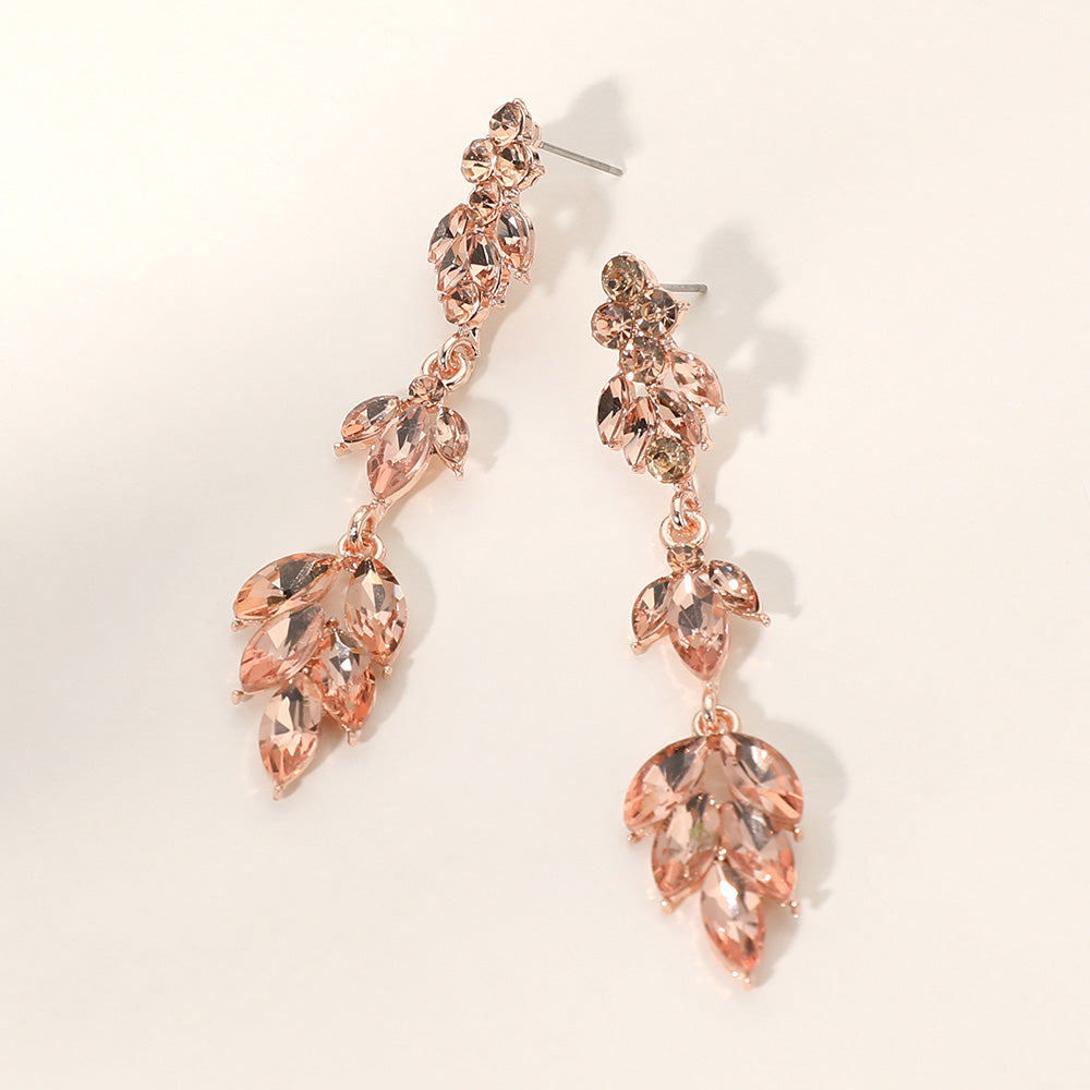 Peach Stone Cluster Link Slim Drop Pageant Earrings on Rose Gold  | Prom Earrings