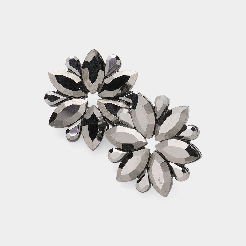 Hematite Marquise Stone Flower Pageant Earrings | Hematite Evening Earrings