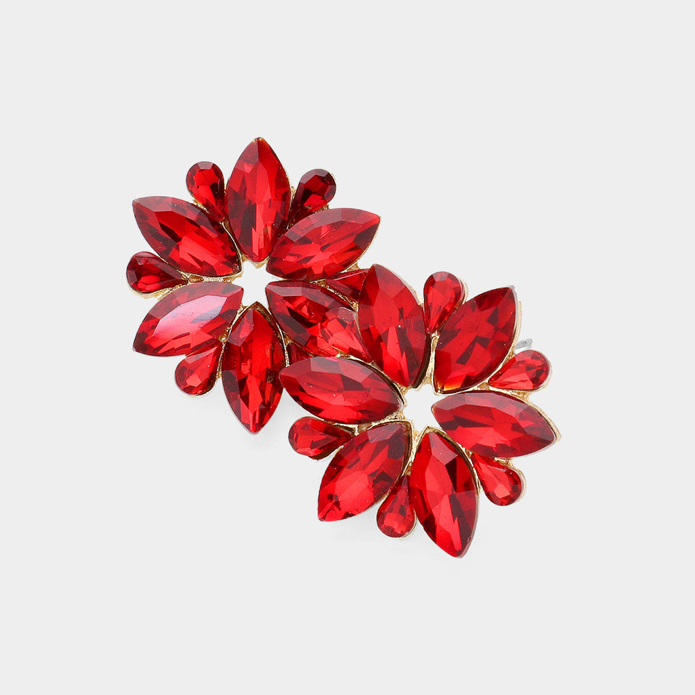 Red Marquise Stone Flower Pageant Earrings |Red Evening Earrings
