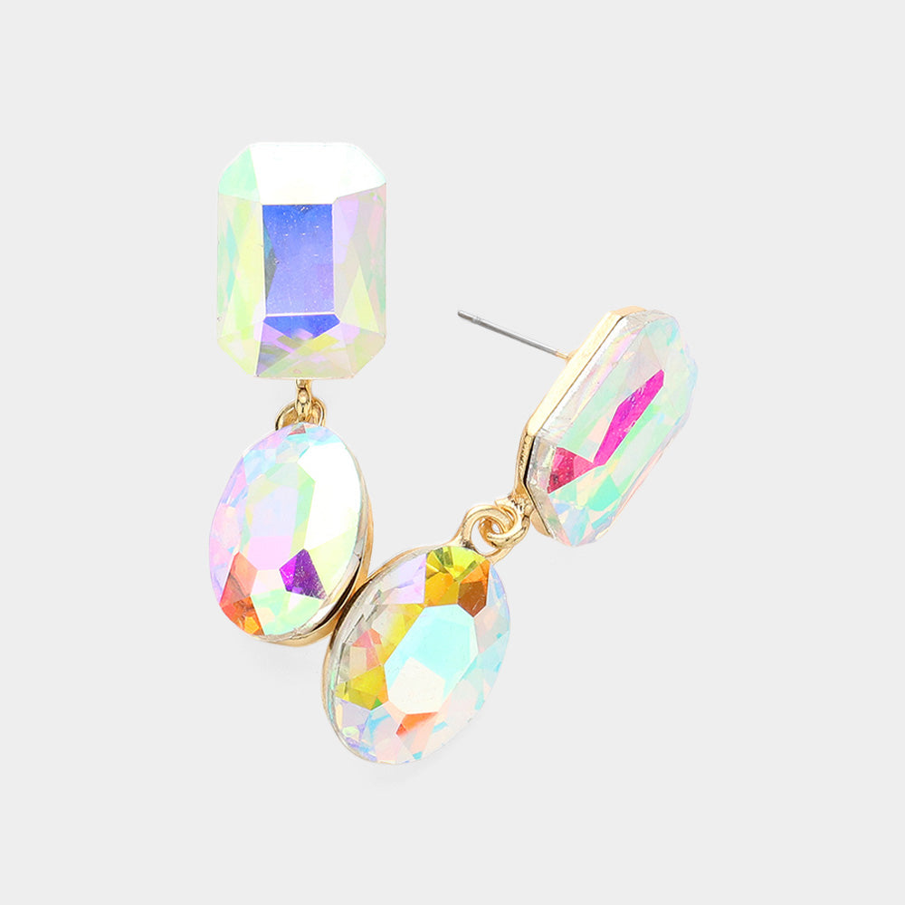 AB Oval and Emerald Cut Stone Dangle Pageant Earrings on Gold | Interview Drop Earrings