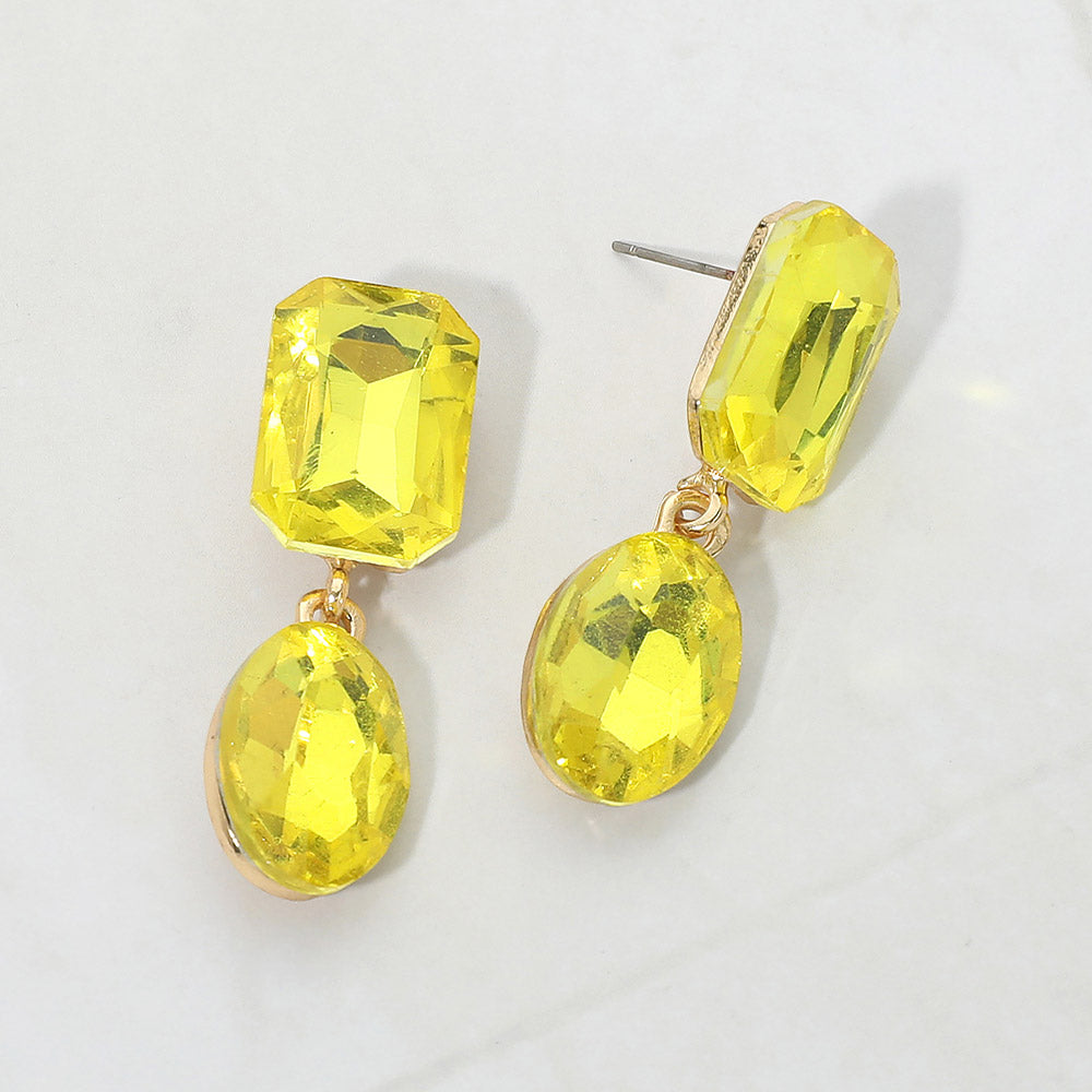 Yellow Oval and Emerald Cut Stone Dangle Pageant Earrings  | Interview Drop Earrings on Gold on a gray background