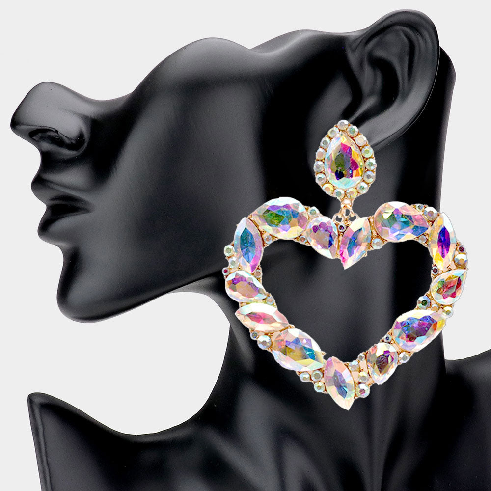 AB Crystal Stone Open Heart Pageant Earrings on Gold | Statement Jewelry
