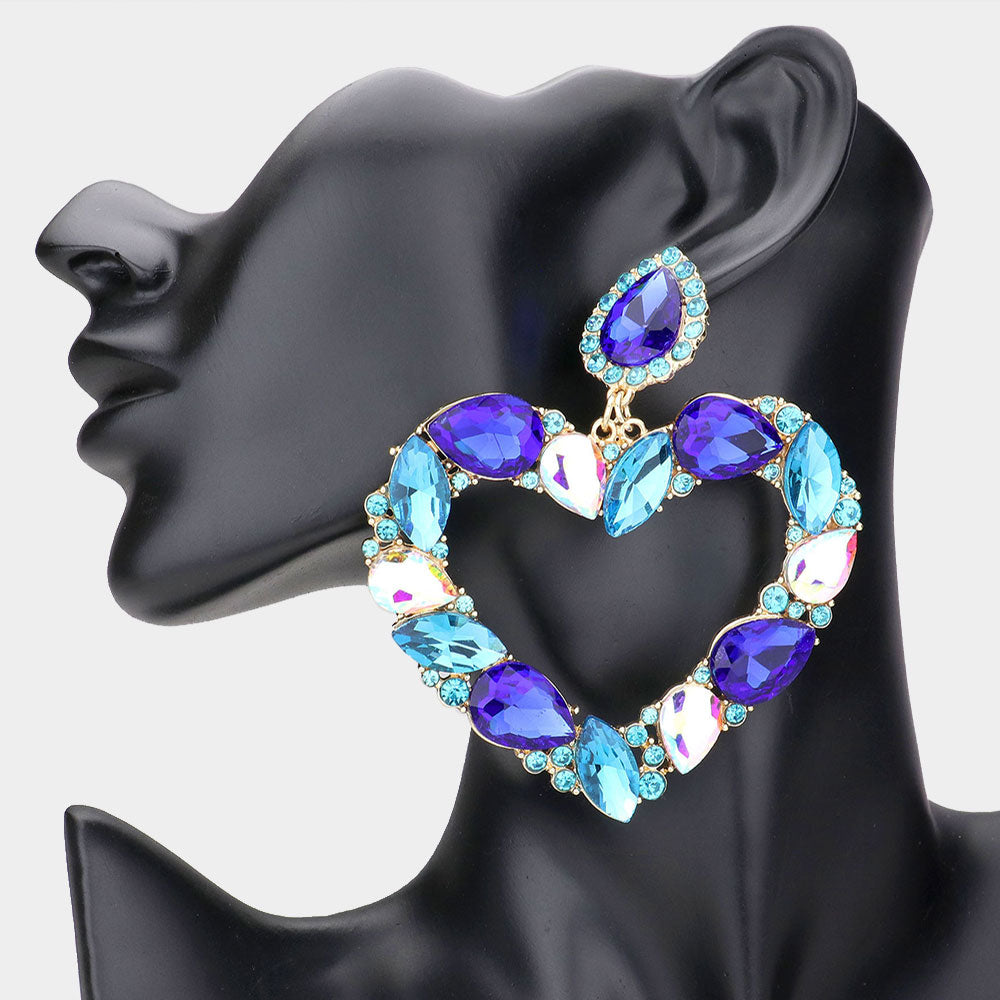 Multi-Color Crystal Stone Open Heart Pageant Earrings, Statement Jewelry