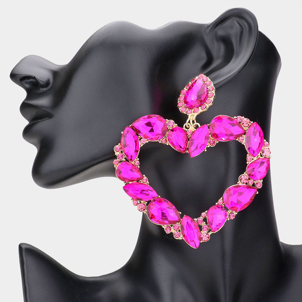 Fuchsia Crystal Stone Open Heart Pageant Earrings | Statement Jewelry