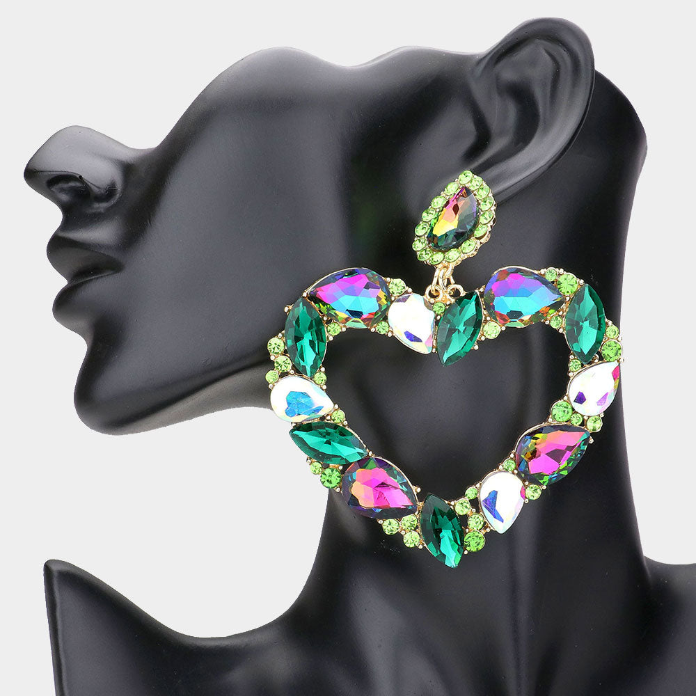 Multi-Color Crystal Stone Open Heart Pageant Earrings | Statement Jewelry