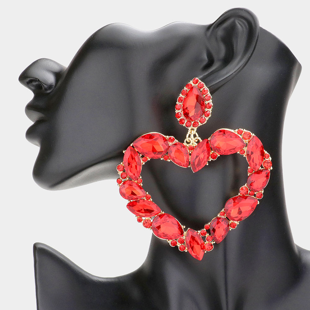Red Crystal Stone Open Heart Pageant Earrings | Statement Jewelry