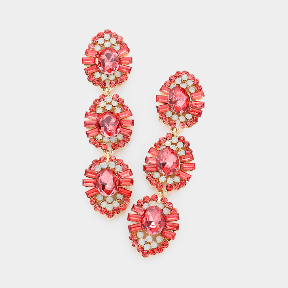 Coral Triple Drop Crystal Dangle Earrings