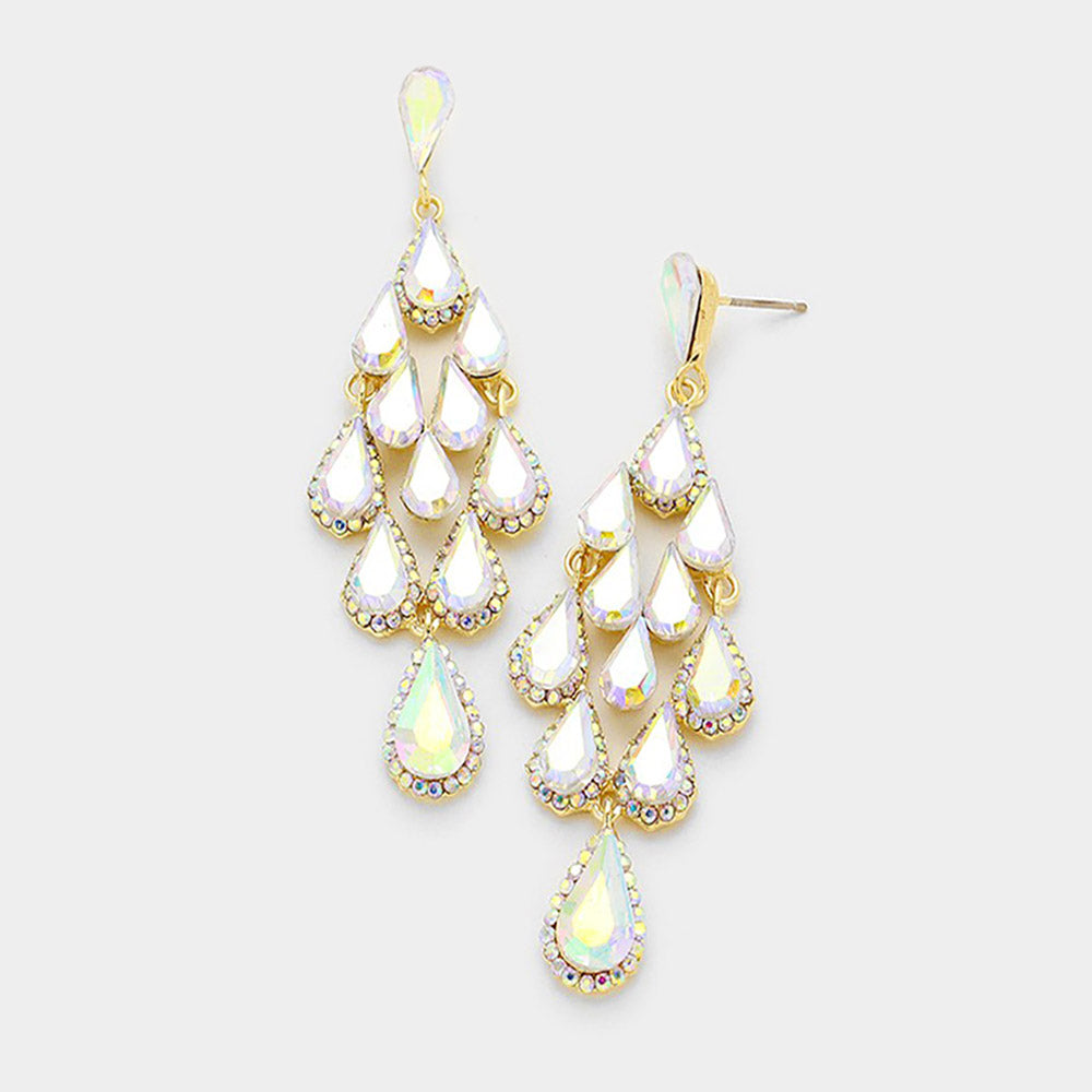 AB Crystal Chandelier Earrings Made of Teardrops on Gold | Prom Earrings| Pageant Earrings 