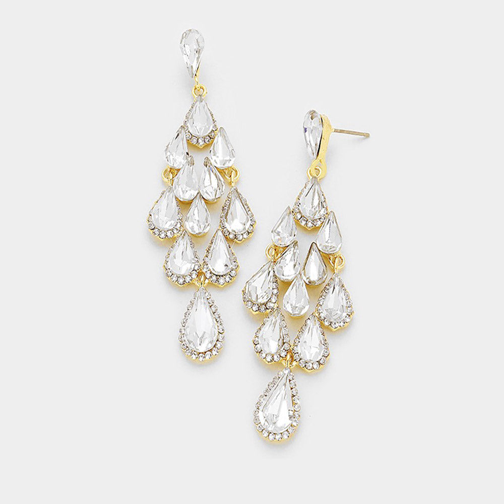 Clear Crystal Chandelier Earrings Made of Teardrops on Gold | Prom Earrings| Pageant Earrings 