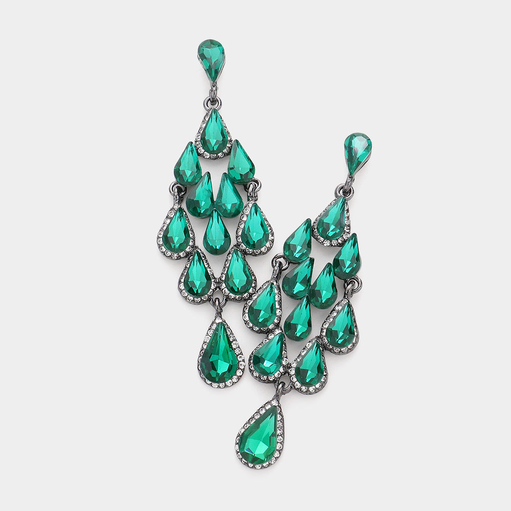 Emerald Crystal Chandelier Earrings Made of Teardrops on Gun Metal | Prom Earrings| Pageant Earrings