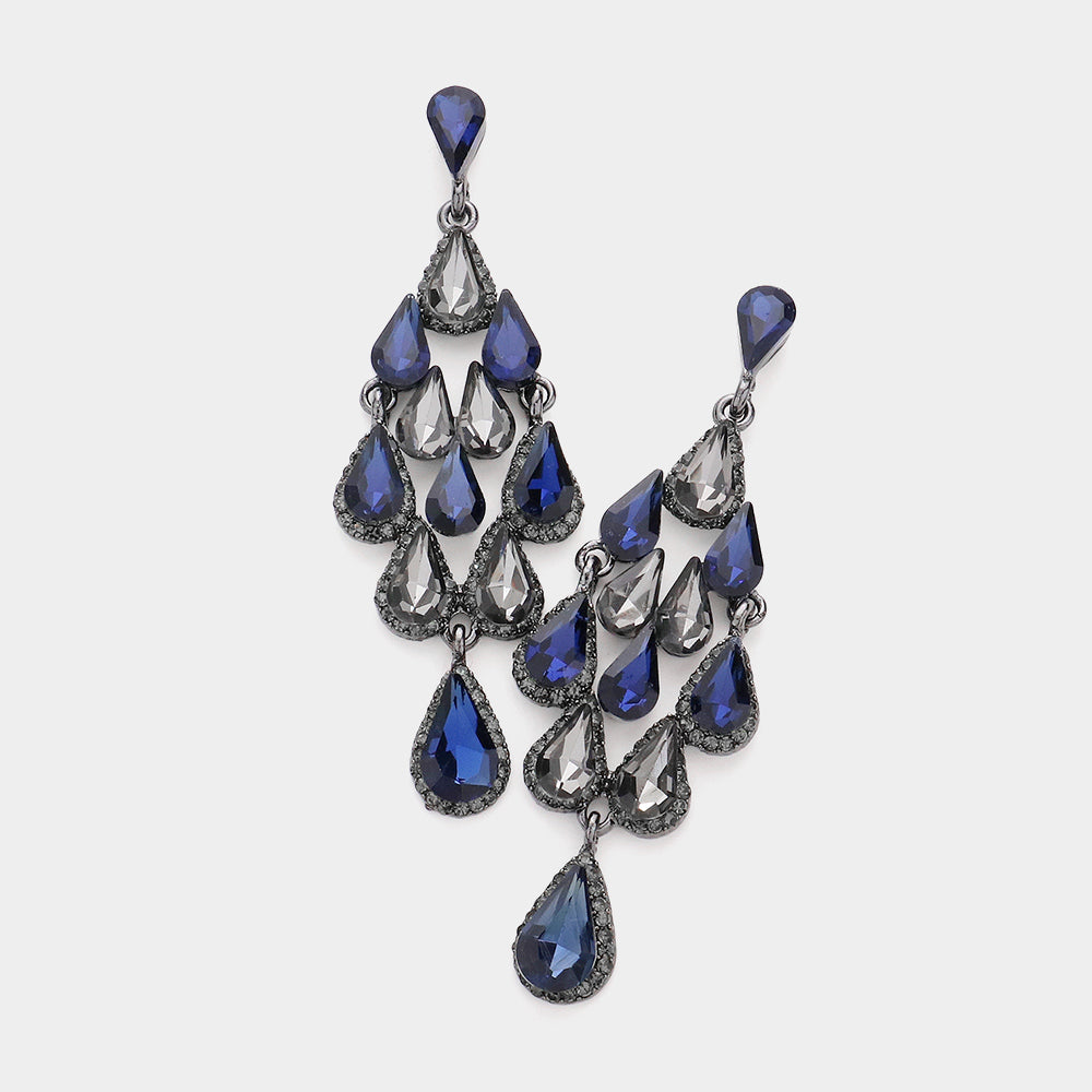 Navy Crystal Chandelier Earrings Made of Teardrops on Gun Metal | Prom Earrings| Pageant Earrings 